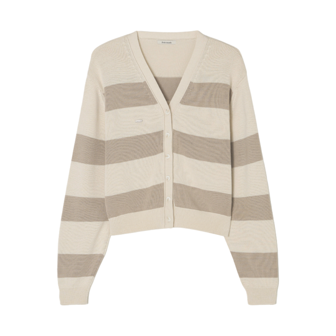 (W) 아비에무아 브이넥 코튼 스트라이프 가디건 베이지((W) Aviemuah V-Neck Cotton Striped Cardigan Beige) - 1
