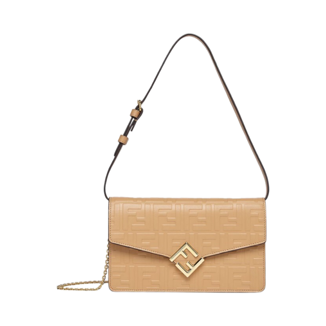 8M0488ASUSF1I73 Fendi FF Diamonds Chain Leather Wallet Light Brown
