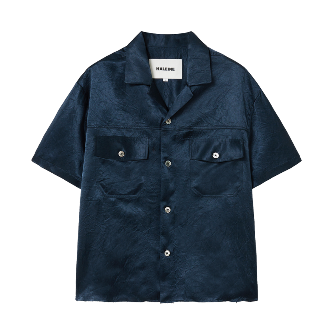 알렌느 오픈 칼라 크링클드 새틴 셔츠 네이비