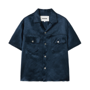 Haleine Open Collar Crinkled Satin Shirt Navy