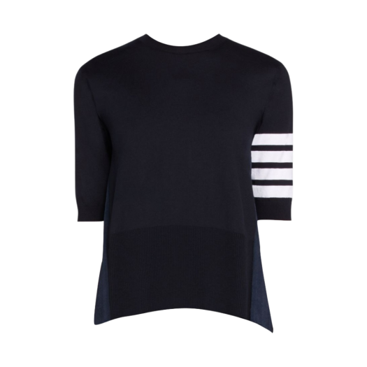 (W) Thom Browne Navy Silk Cotton Blend Sheer Pleated Back 4-Bar Striped T-Shirt Navy