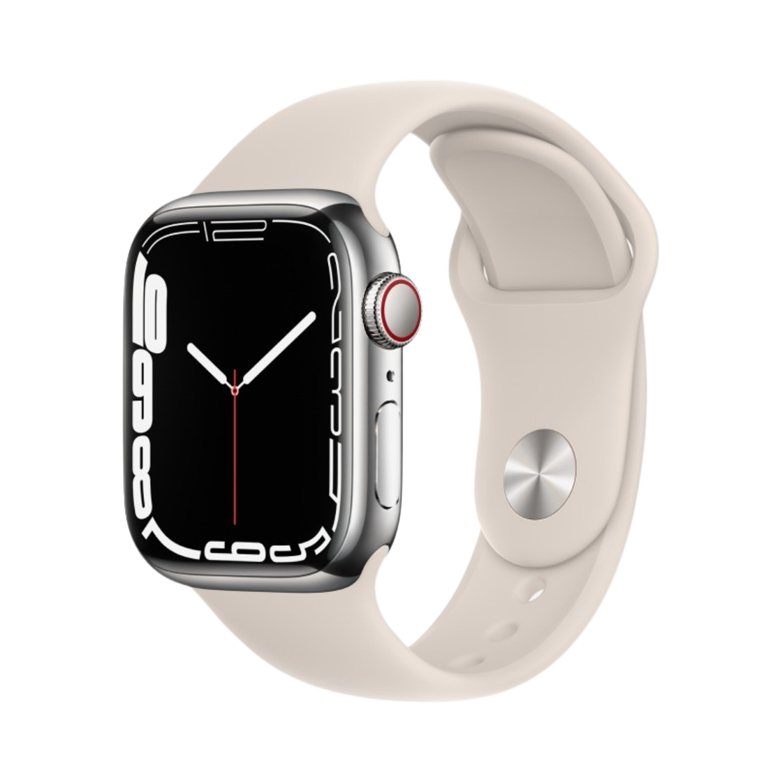 애플 워치 시리즈 7 41mm 셀룰러 실버 스테인리스 스틸 케이스 스포츠 밴드 스타라이트 (국내 정식 발매 제품)