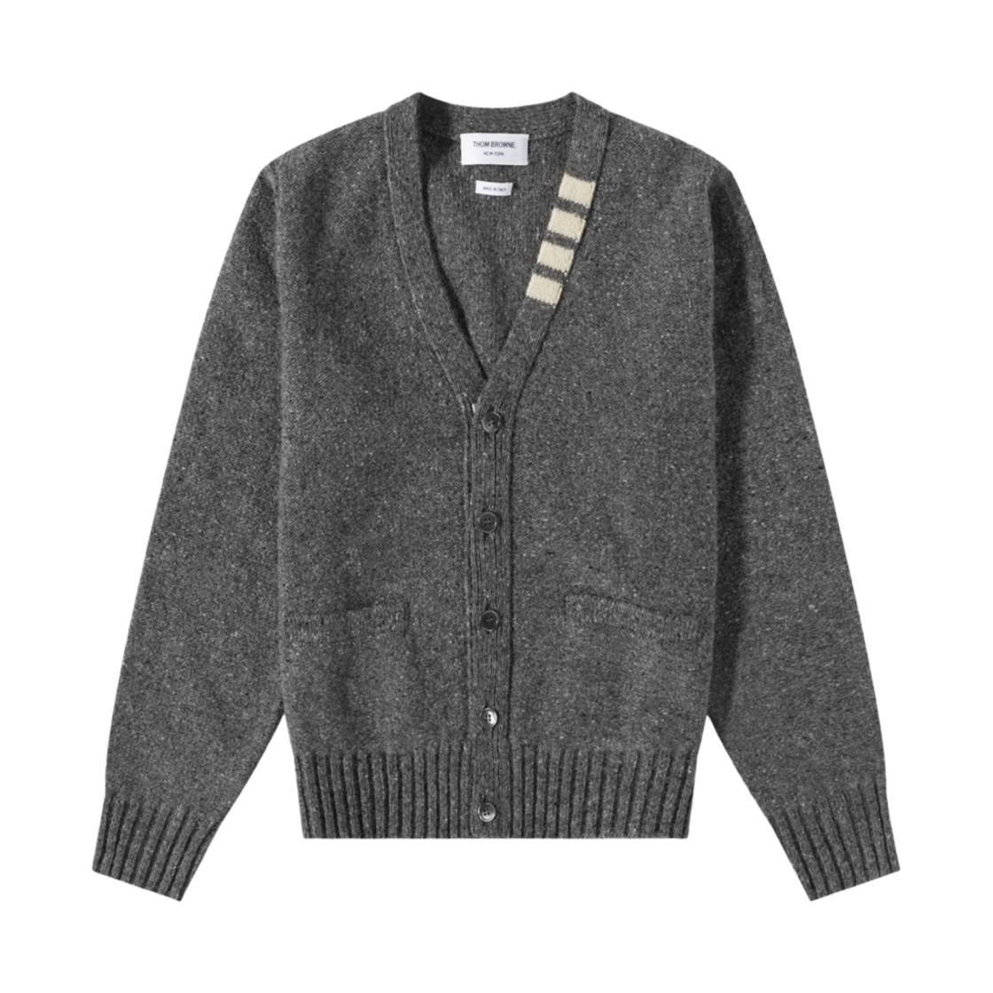 톰브라운 리버스 저지 스티치 도네갈 사선 브이넥 가디건 미디움 그레이(Thom Browne Reverse Jersey Stitch Donegal 4-Bar V-Neck Cardigan Medium Grey)