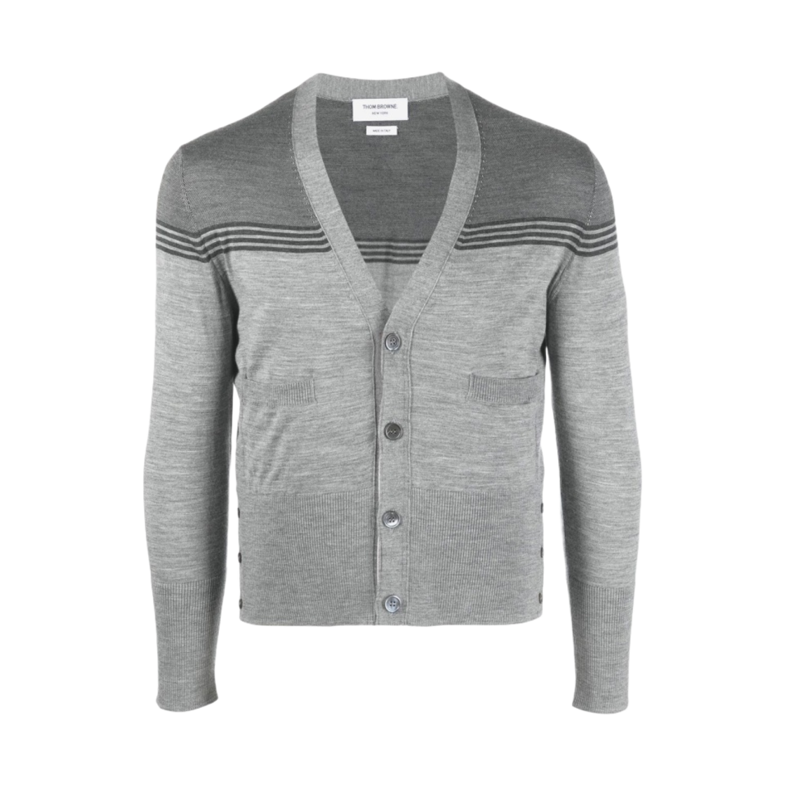 톰브라운 자카드 메리노 저지 브이넥 요크 가디건 라이트 그레이(Thom Browne Jacquard Merino Jersey V-Neck Yoke Cardigan Light Grey) - 1