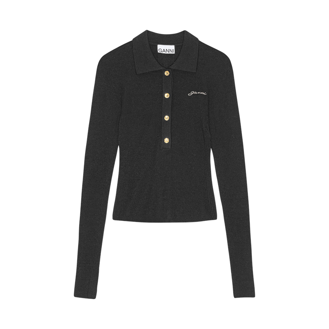 K2085-099 (W) Ganni Ribbed Merino Polo Blouse Black