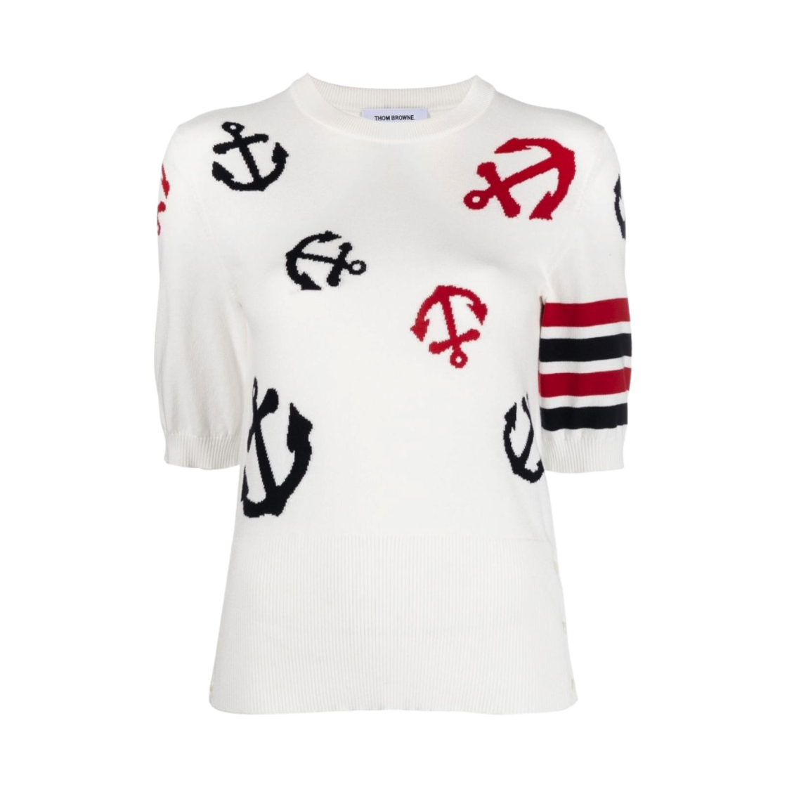 (W) 톰브라운 코튼 앵커 인타르시아 사선 티셔츠 화이트((W) Thom Browne Cotton Anchor Intarsia 4-Bar T-Shirt White) - 1