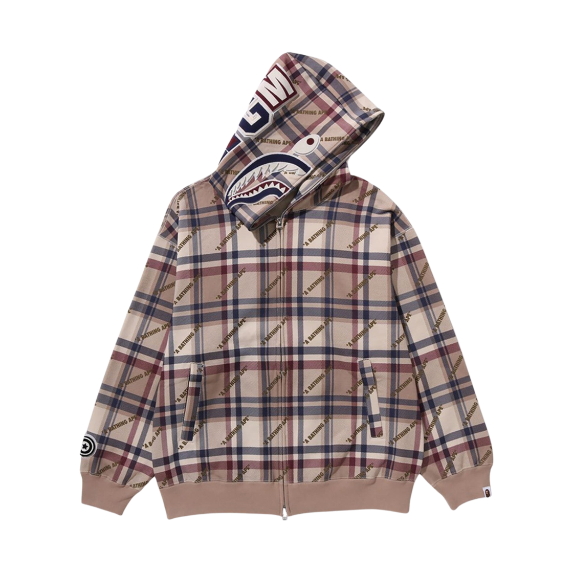 베이프 로고 체크 패턴 샤크 풀 집 후드 베이지