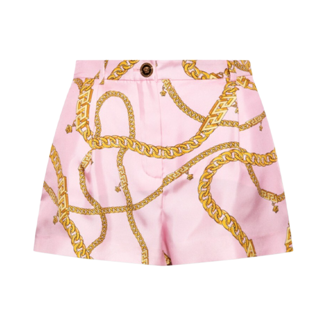 1003903-1A02881-5P220 (W) Versace Greca Chain Print Silk Shorts Pink