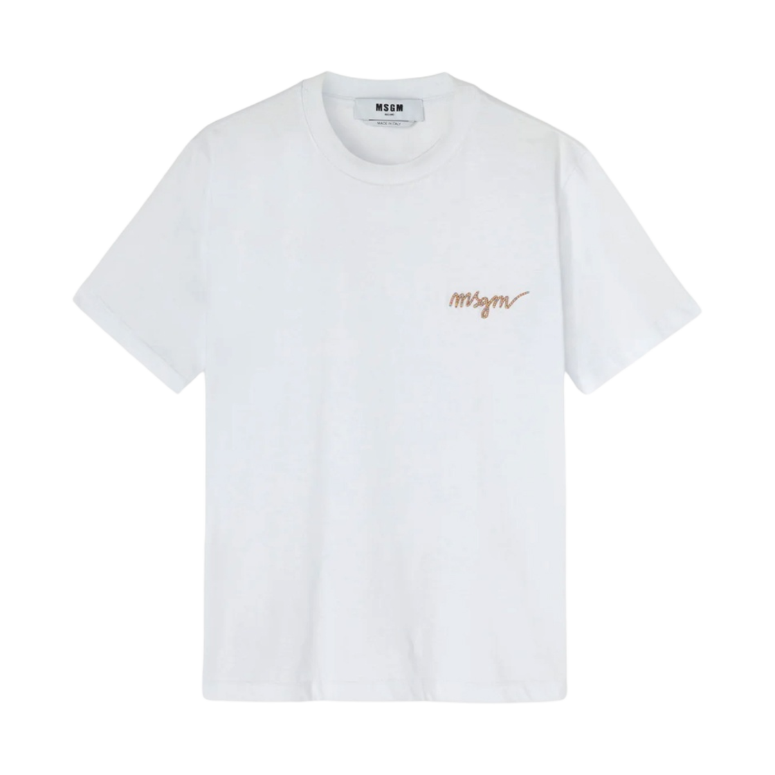 (W) 엠에스지엠 자수 로고 커시브 코튼 크루넥 티셔츠 멀티컬러 화이트((W) MSGM Cotton Crewneck T-Shirt with Multicolor Embroidered Logo in Cursive White) - 1