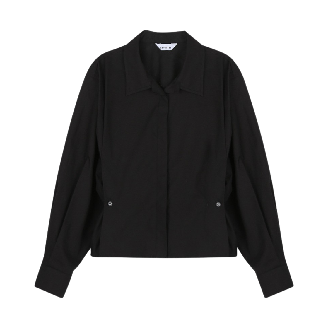 해브레스 우먼 사이드 버튼 크롭 셔츠 블랙(Haveless Women Side Button Cropped Shirt Black)