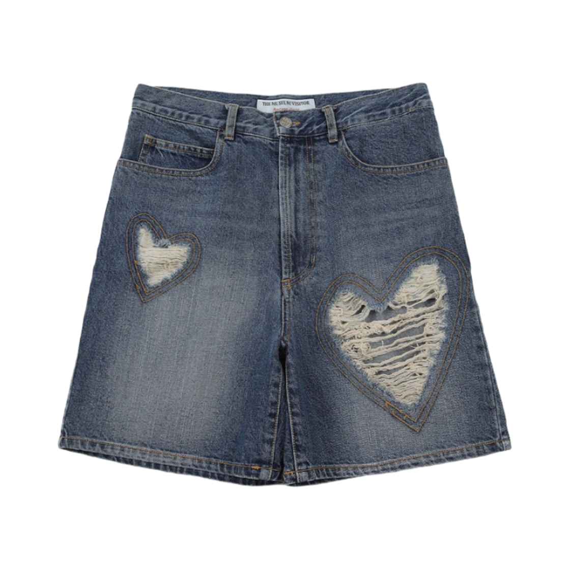 더뮤지엄비지터 x 휠라 하트 디스트로이드 데님 쇼츠(The Museum Visitor x Fila Heart Destroyed Denim Shorts)