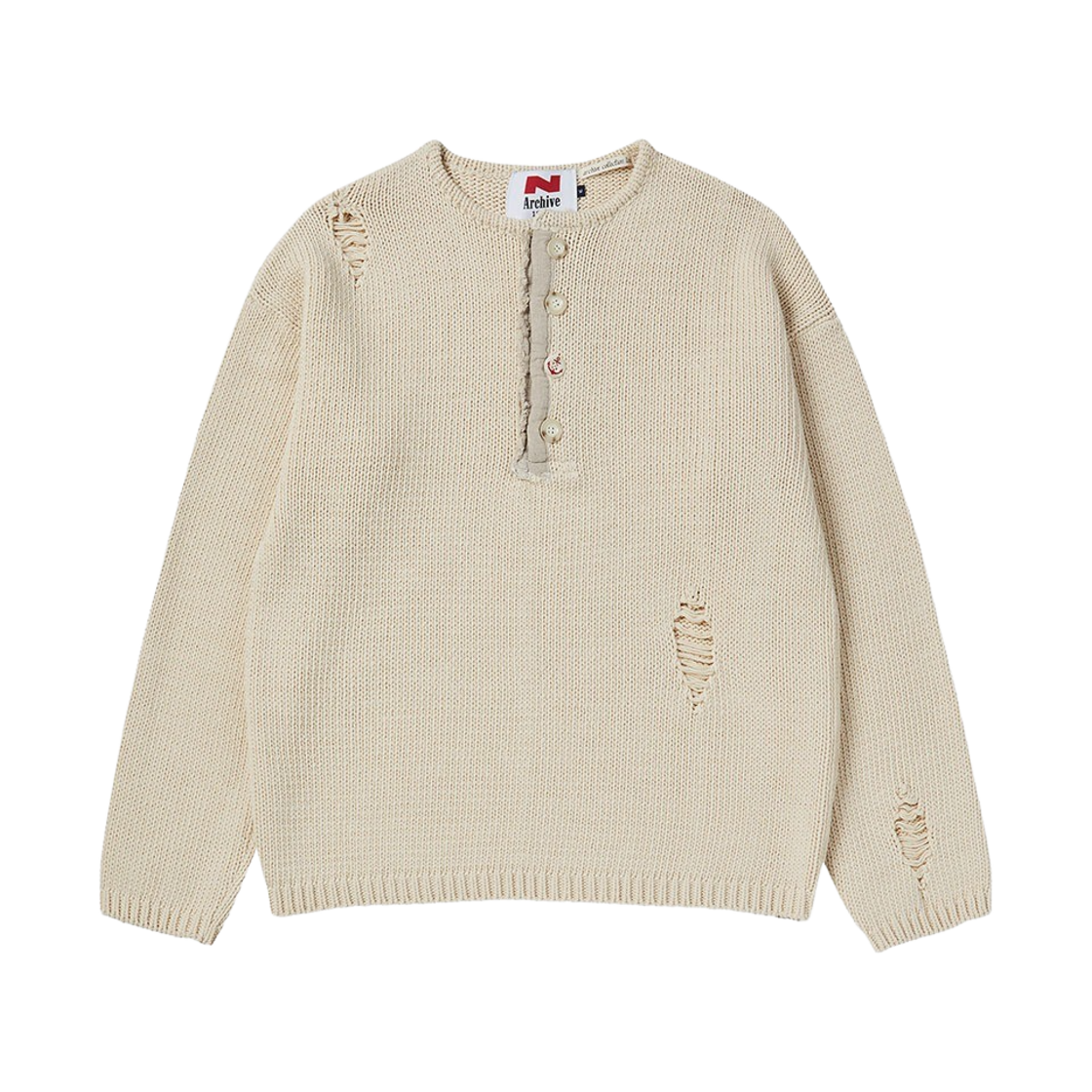 엔 아카이브 아카이브 헤비 웨이트 코튼 데미지 디테일 헨리넥 니트 아이보리(N ARCHIVE Archive Heavy Weight Cotton Damage Detail Henry Neck Knit Ivory)