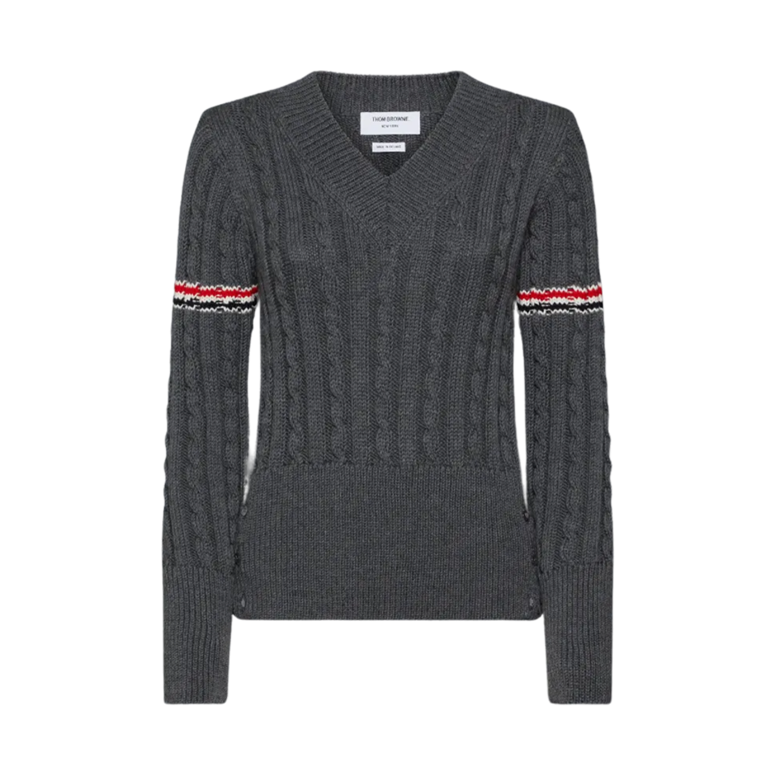 FKA479A-Y1024-035 (W) Thom Browne Classic Wool V-Neck Cable Pullover Grey
