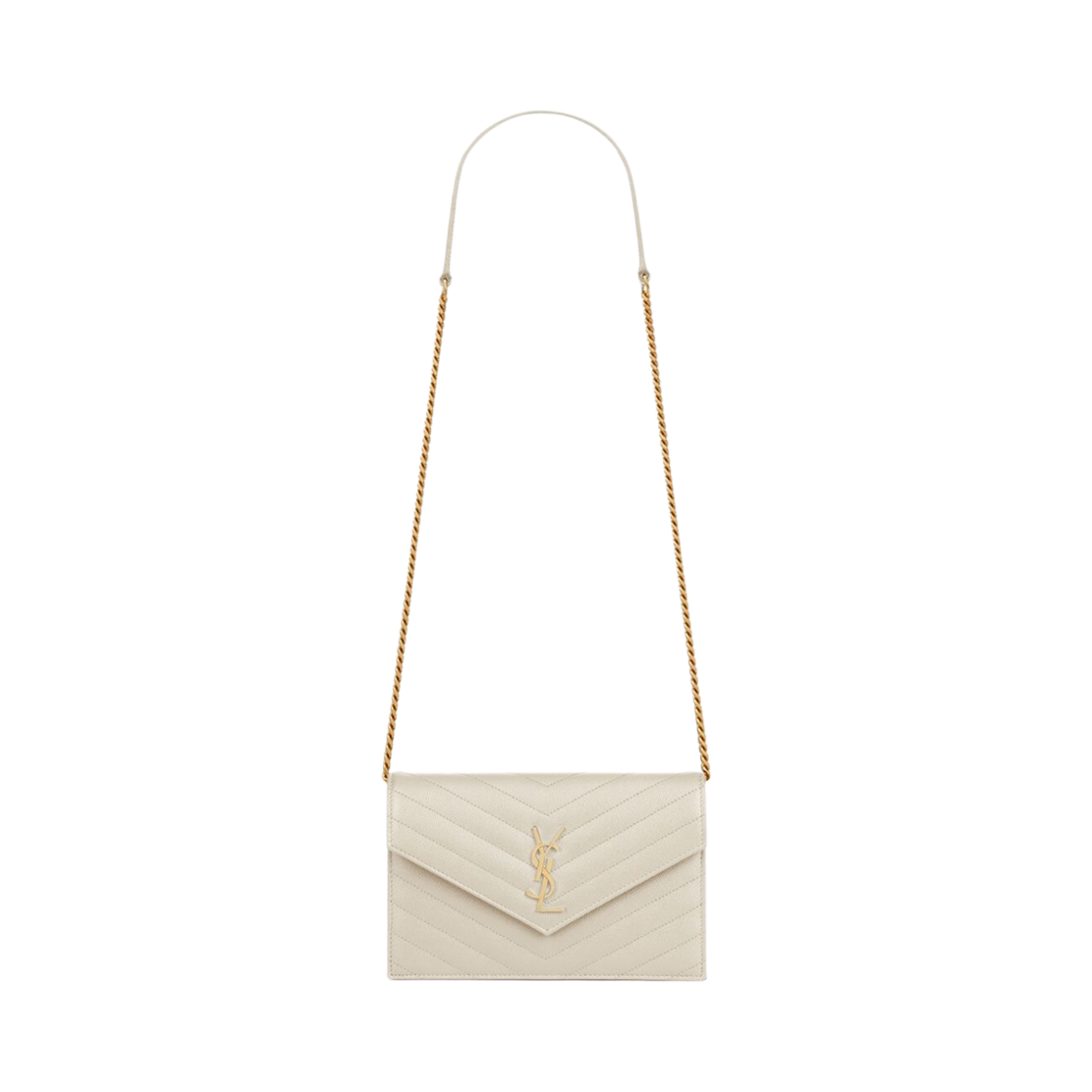 742920-BOW01-9207 Saint Laurent Cassandre Envelope Chain Wallet In Grain De Poudre Leather Crema Soft