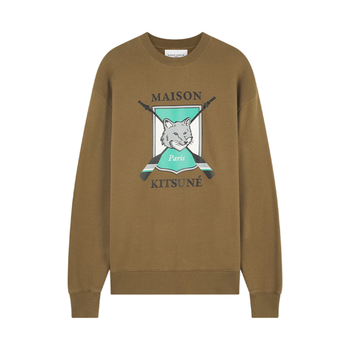 LM00309KM0307-P360 Maison Kitsune College Fox Printed Comfort Sweatshirt Khaki