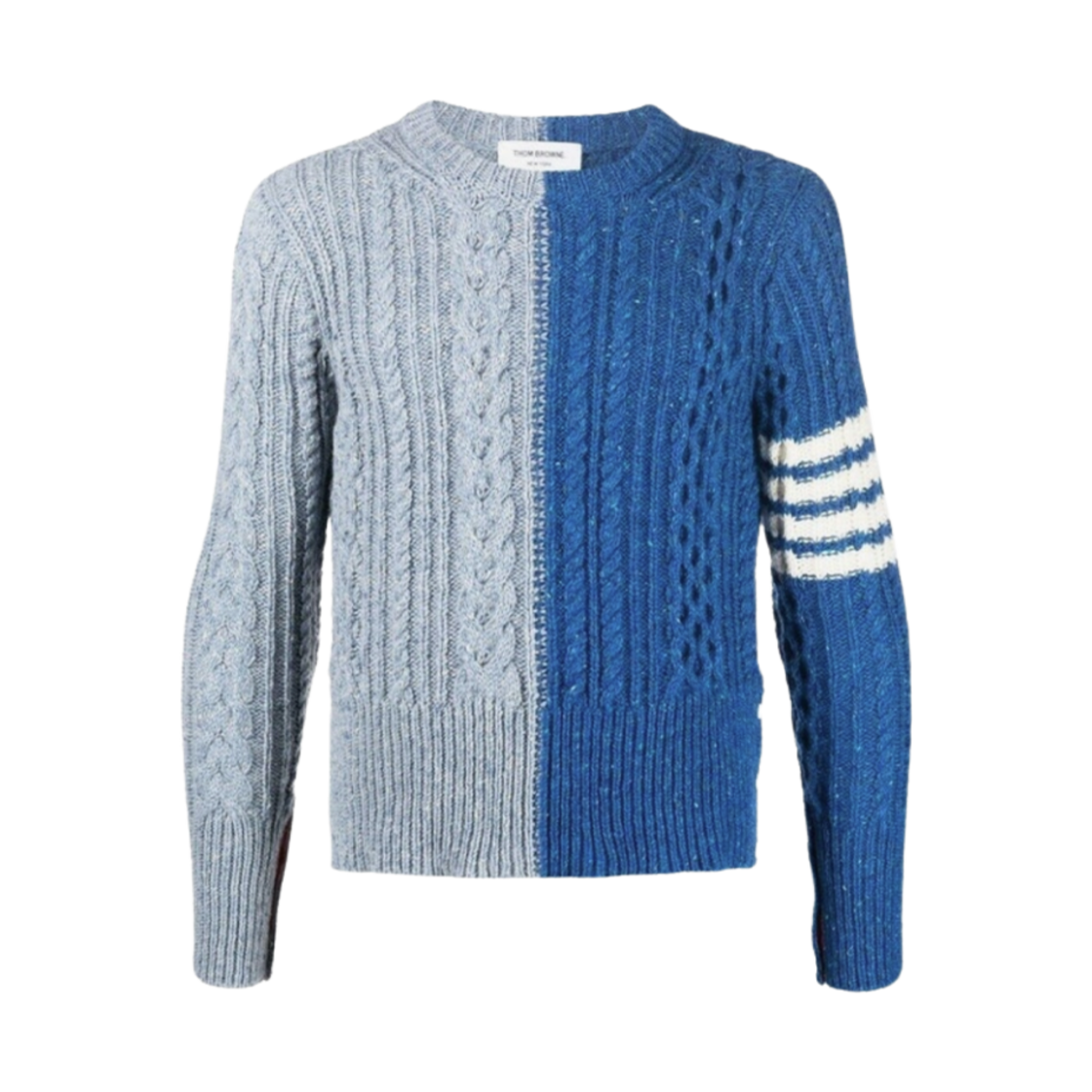 MKA411F-Y1506-473 Thom Browne Fun-Mix Aran Cable Donegal 4-Bar Pullover Blue