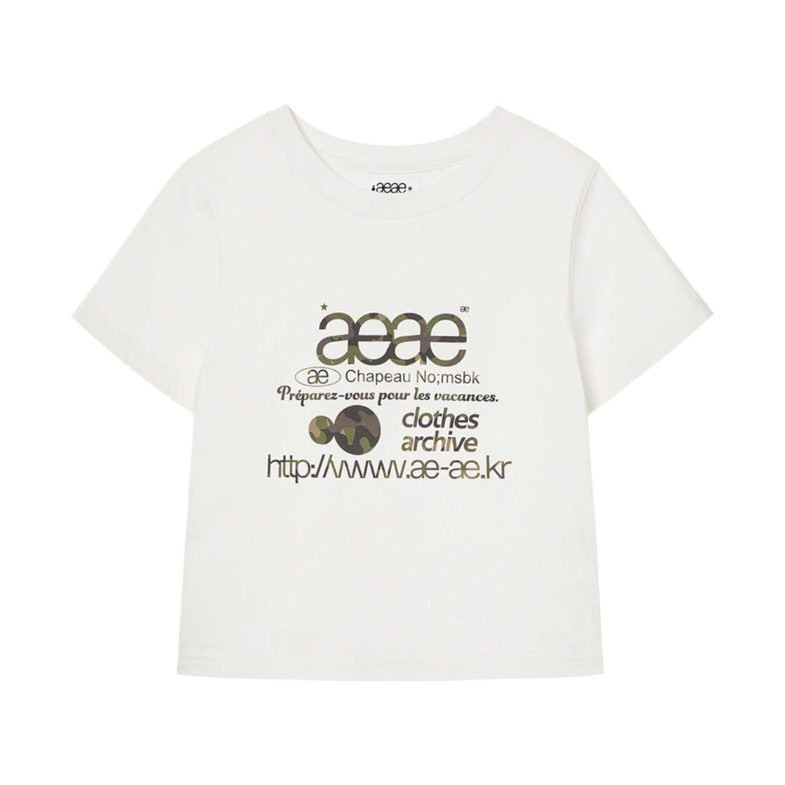 에이이에이이 웹 로고 크롭 티셔츠 화이트 & 카모(AEAE Web Logo Crop T-Shirts White & Camo)