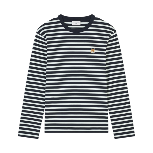 LM00105KJ0044-S480 Maison Kitsune Fox Head Patch Regular Marin Long Sleeve T-Shirt Navy Stripes