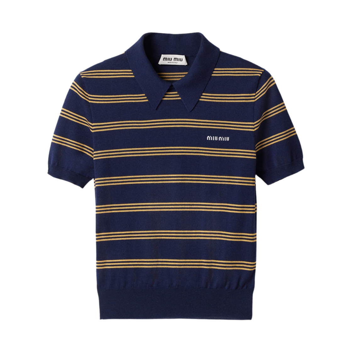 (W) 미우 미우 스트라이프 캐시미어 앤 실크 폴로 스웨터 블루