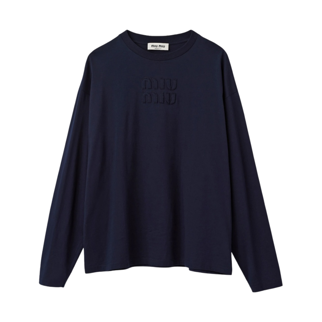 (W) 미우 미우 자수 로고 롱슬리브 코튼 티셔츠 블루((W) Miu Miu Long Sleeve Cotton T-Shirt with Embroidered Logo Blue) - 1