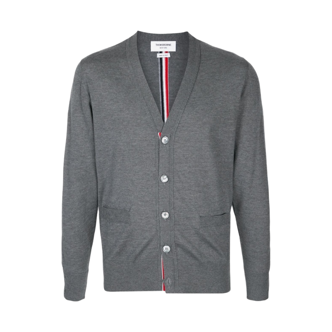톰브라운 RWB 스트라이프 브이넥 가디건 미디움 그레이
