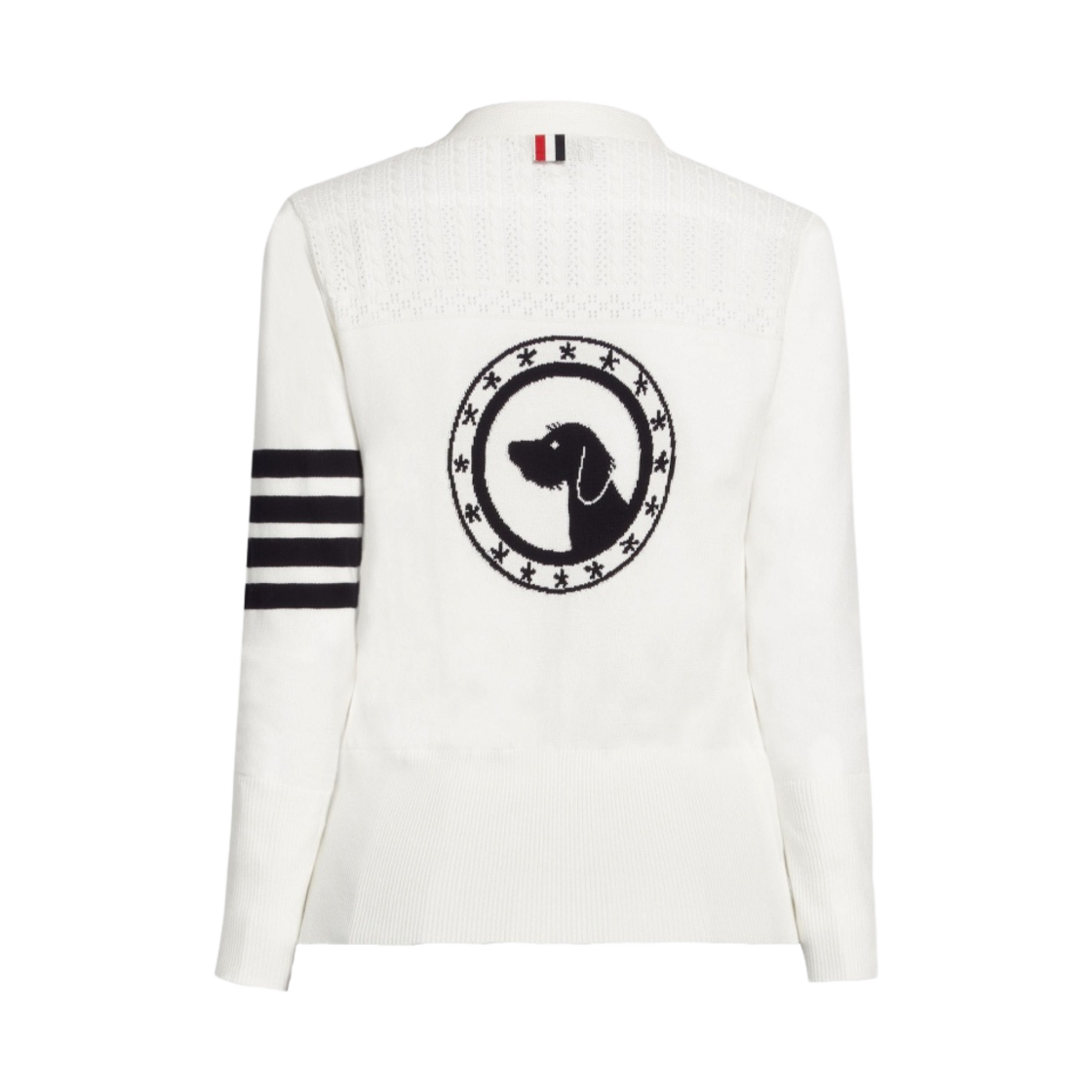 (W) 톰브라운 코튼 헥터 메달리언 사선 브이넥 가디건 화이트((W) Thom Browne Cotton Hector Medallion 4-Bar V-Neck Cardigan White) - 2