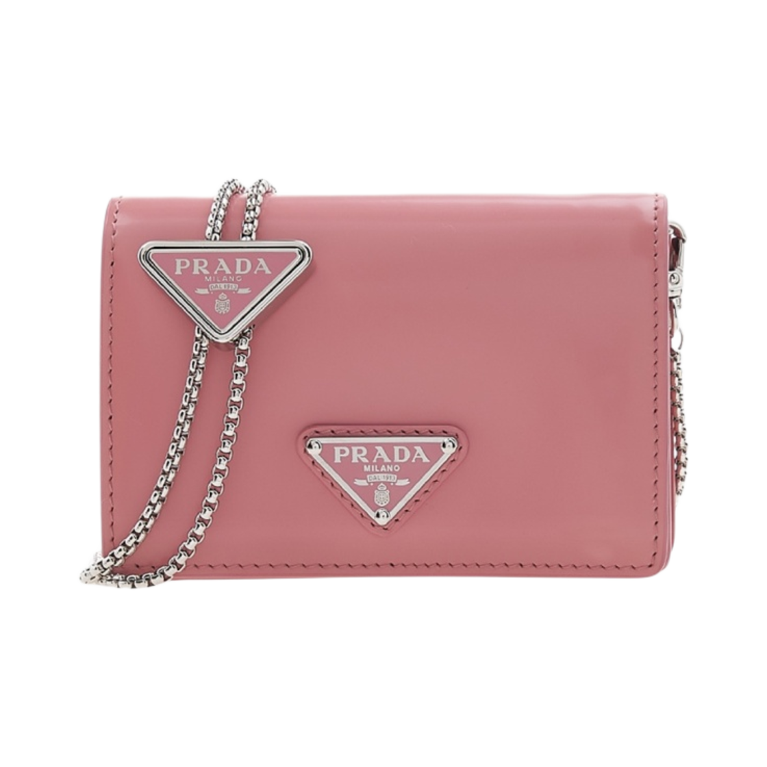 1MR028-ZO6-F0442 Prada Brushed Leather Card Holder with Shoulder Strap Petal Pink