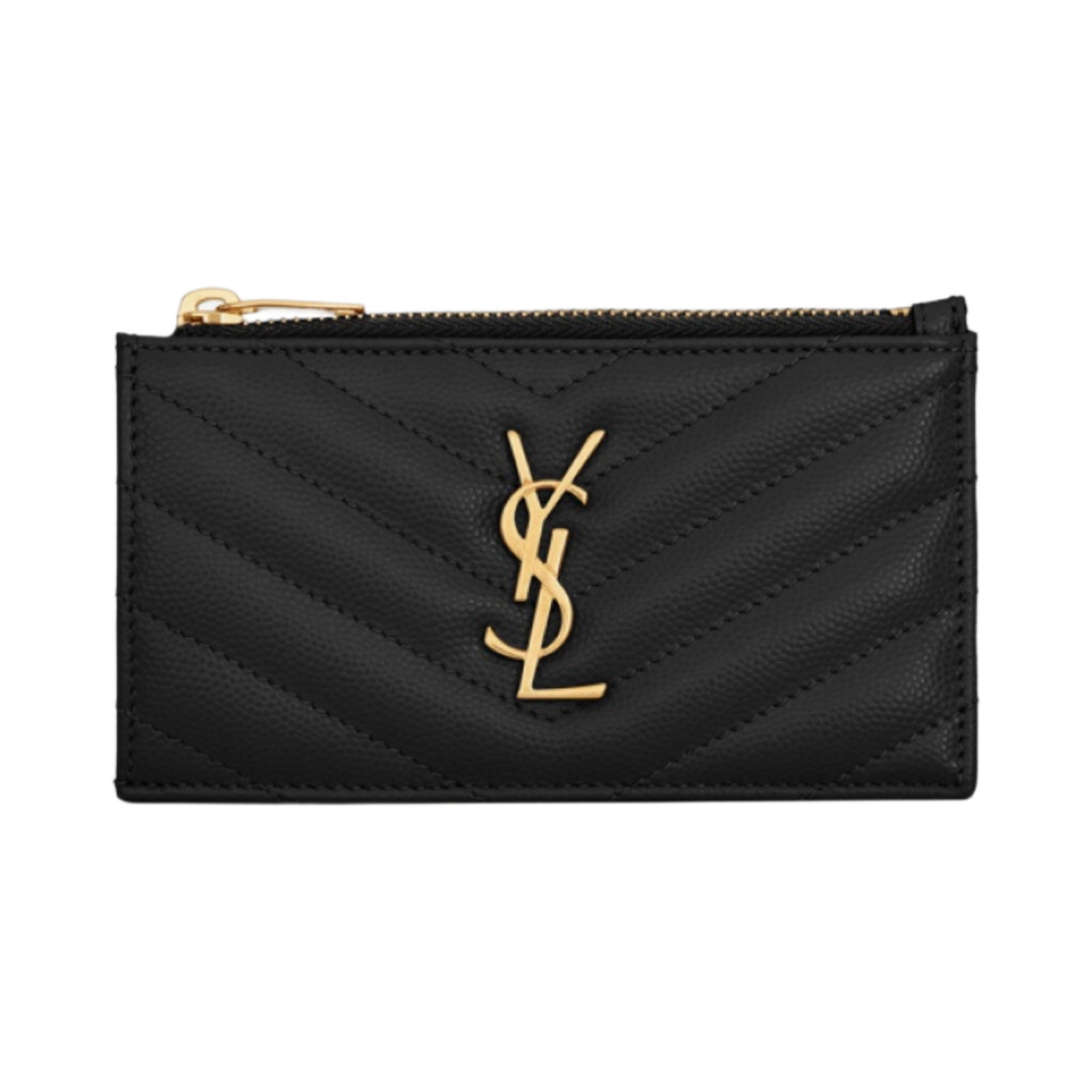 607915-BOW01-1000 Saint Laurent Gold Monogram Fragments Zipped Card Case in Grain de Poudre Embossed Leather Black