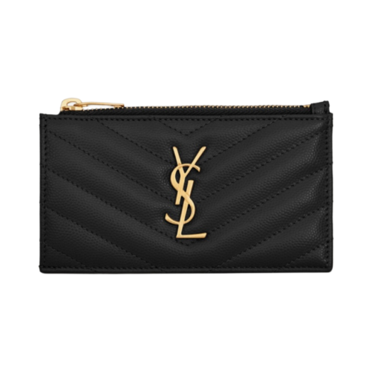 Saint Laurent Gold Monogram Fragments Zipped Card Case in Grain de Poudre Embossed Leather Black