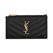Saint Laurent Gold Monogram Fragments Zipped Card Case in Grain de Poudre Embossed Leather Black