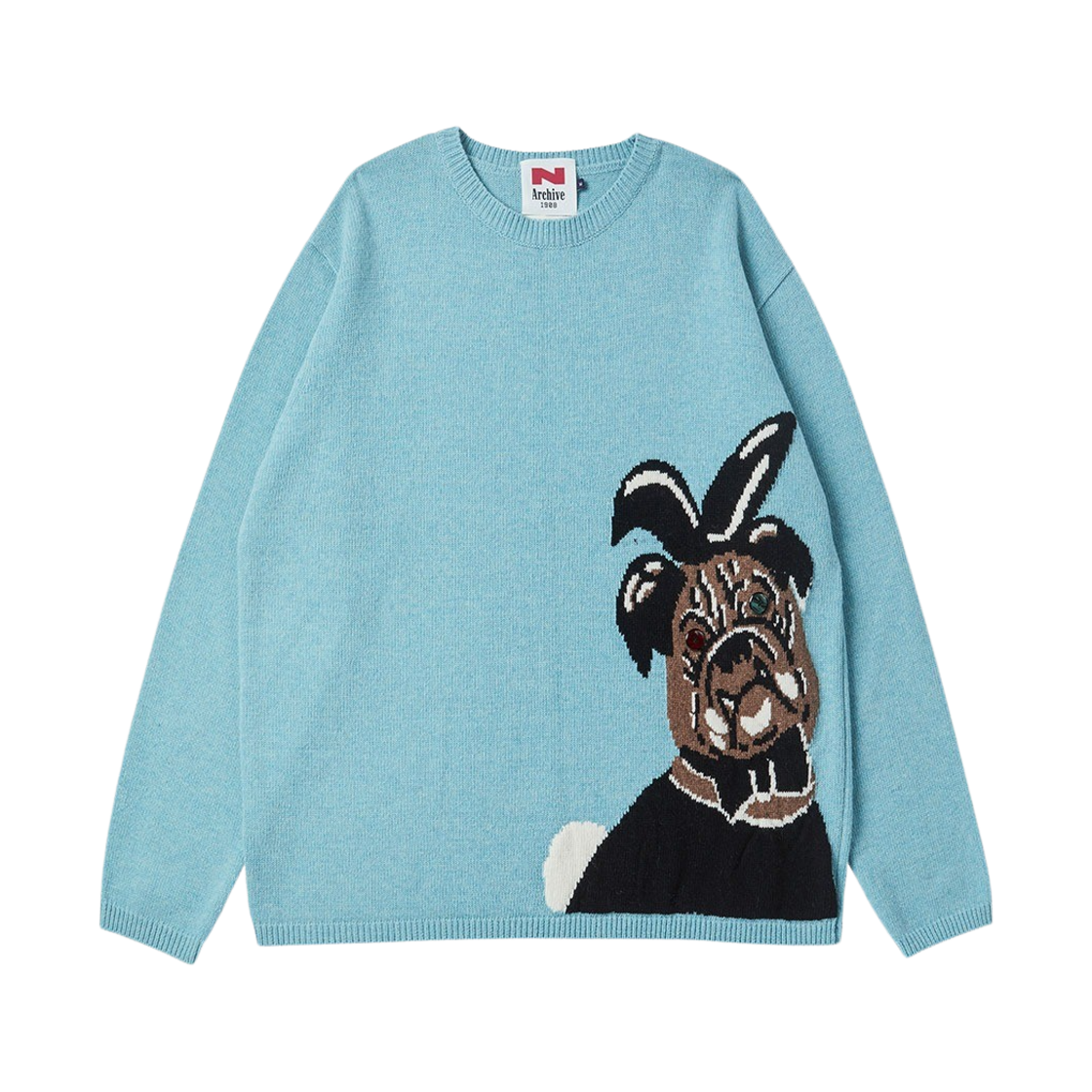 엔 아카이브 플레이 도그 루즈핏 자카드 니트 풀오버 스카이 블루