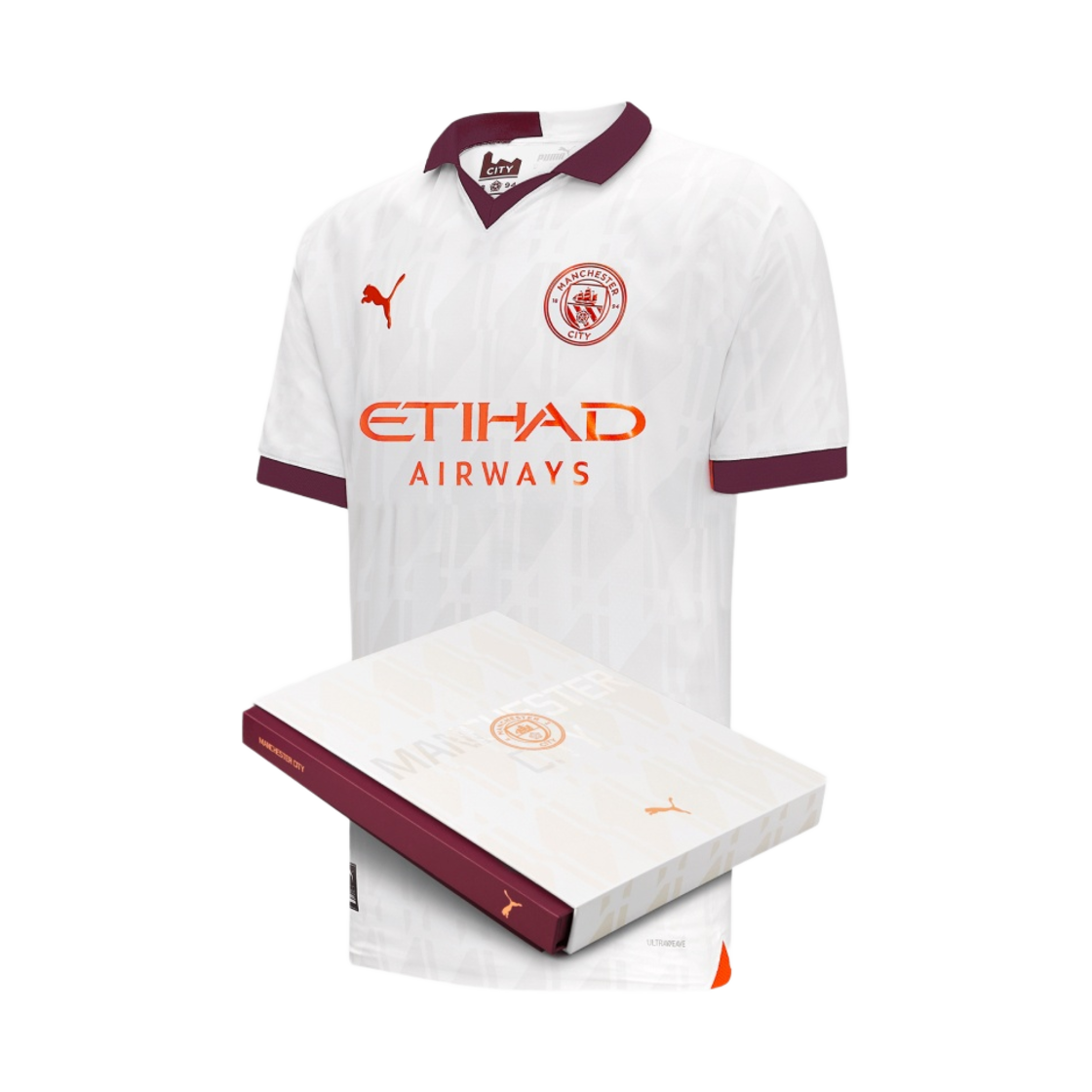 푸마 맨체스터 시티 2023/24 어웨이 어센틱 저지 푸마 화이트 오베르진 - 기프트 박스 패키지 (논 마킹 버전)(Puma Manchester City 2023/24 Away Authentic Jersey Puma White Aubergine - Gift Box Package (Non Marking Ver.))