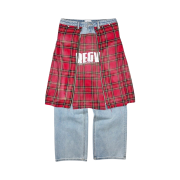 Resurrection13 Check Skirt Docking Denim Pants Light Blue