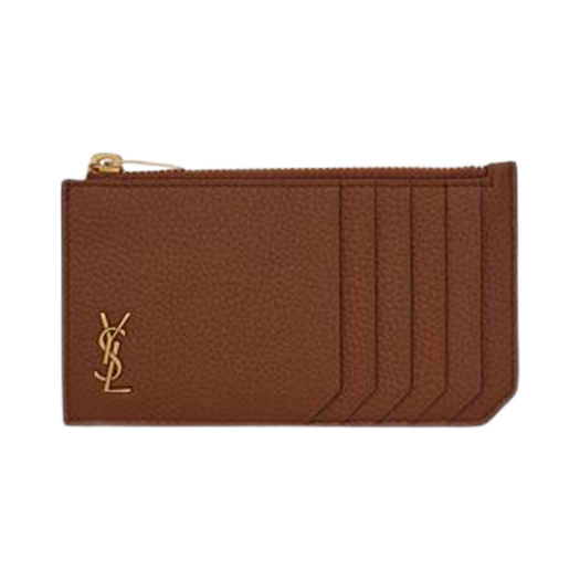 Saint Laurent Tiny Cassandre Zipped Fragments Credit Card Case in Grained Leather Toasted Brown