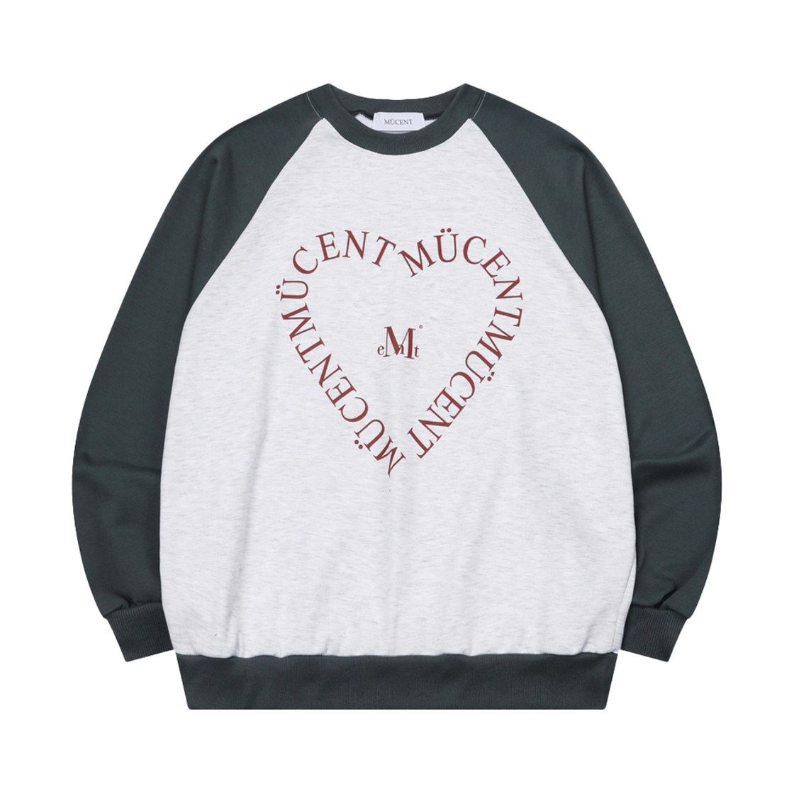 P00000NP_04 MUCENT Heart Lettering Raglan Mtm Charcoal Oatmeal