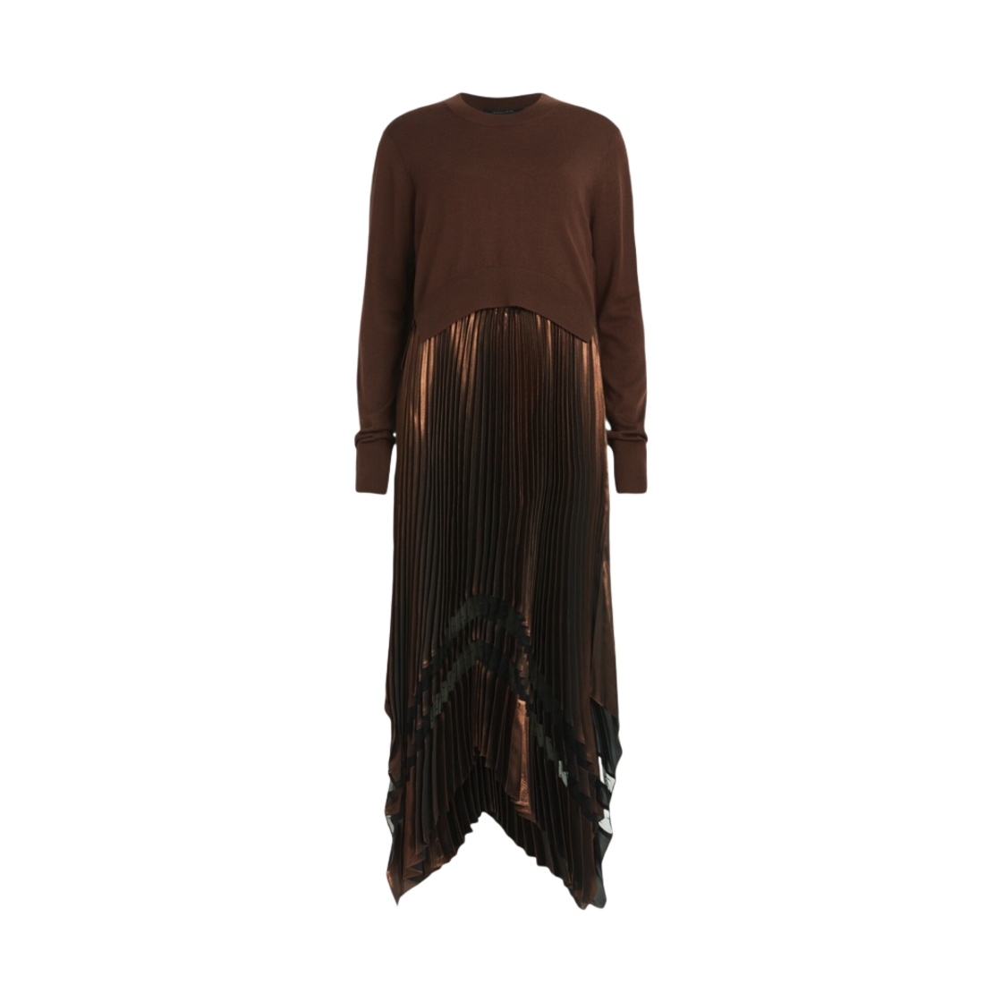 (W) 올 세인츠 나디아 투인원 메탈릭 포일 플리티드 드레스 페일 카카오 블랙((W) All Saints Nadia 2-in-1 Metallic Foil Pleated Dress Pale Cacao Black)