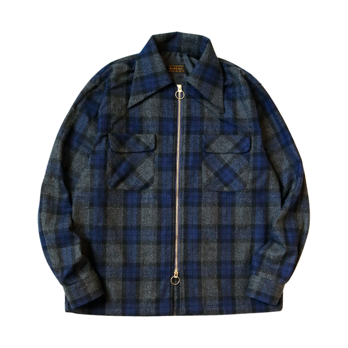 캐피탈 울 체크 드리즐 오픈 칼라 셔츠 롱슬리브 네이비