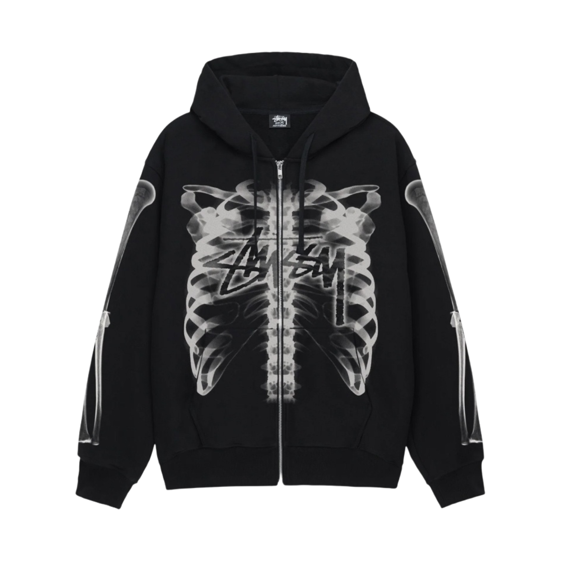 스투시 립 케이지 후드 집업 블랙 화이트(Stussy Rib Cage Zip Hoodie Black White)