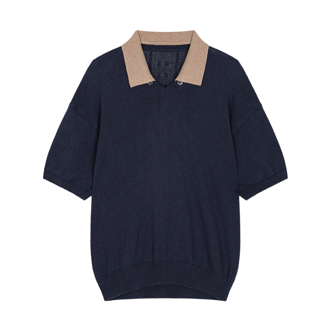 Waviness25222 Waviness Toggled Petal Collar V-Neck Half Knit Navy Beige