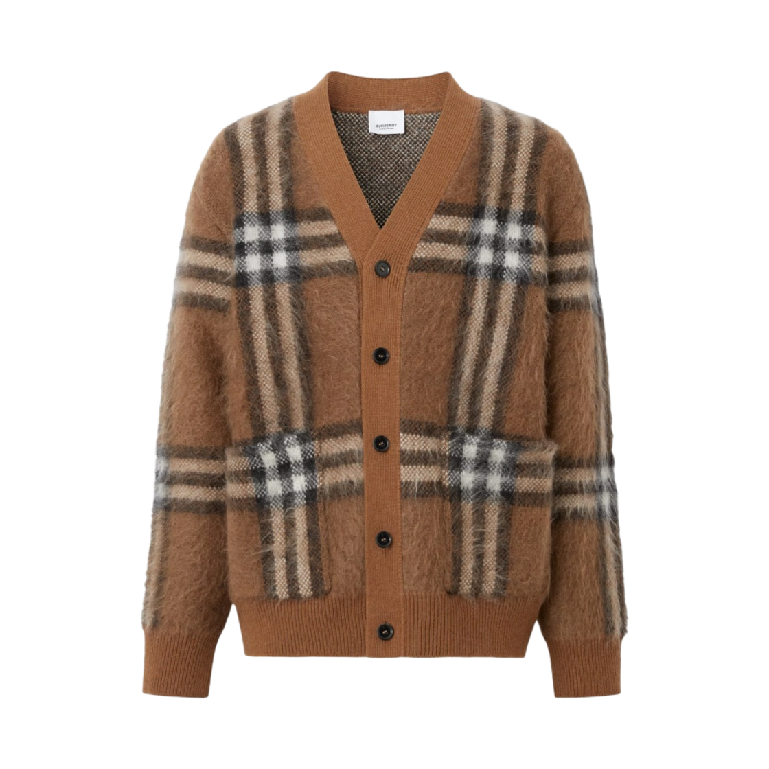 버버리 체크 울 모헤어 블렌드 자카드 가디건 다크 버치 브라운(Burberry Check Wool Mohair Blend Jacquard Cardigan Dark Birch Brown) - 1