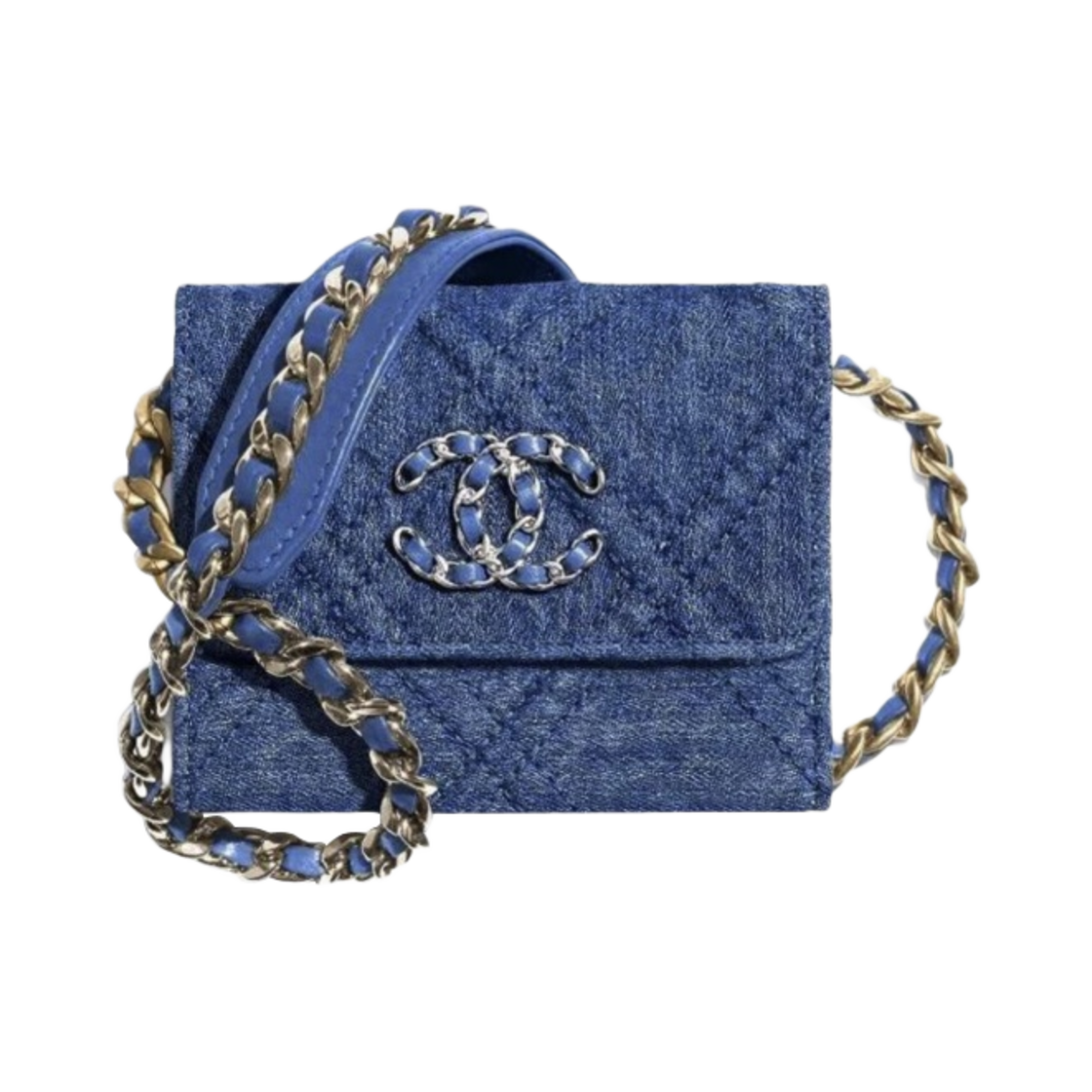 샤넬 19 플랩 체인 동전 지갑 프린티드 데님 & 골드 메탈 블루