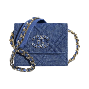 Chanel 19 Flap Coin Purse with Chain Printed Denim & Gold Blue