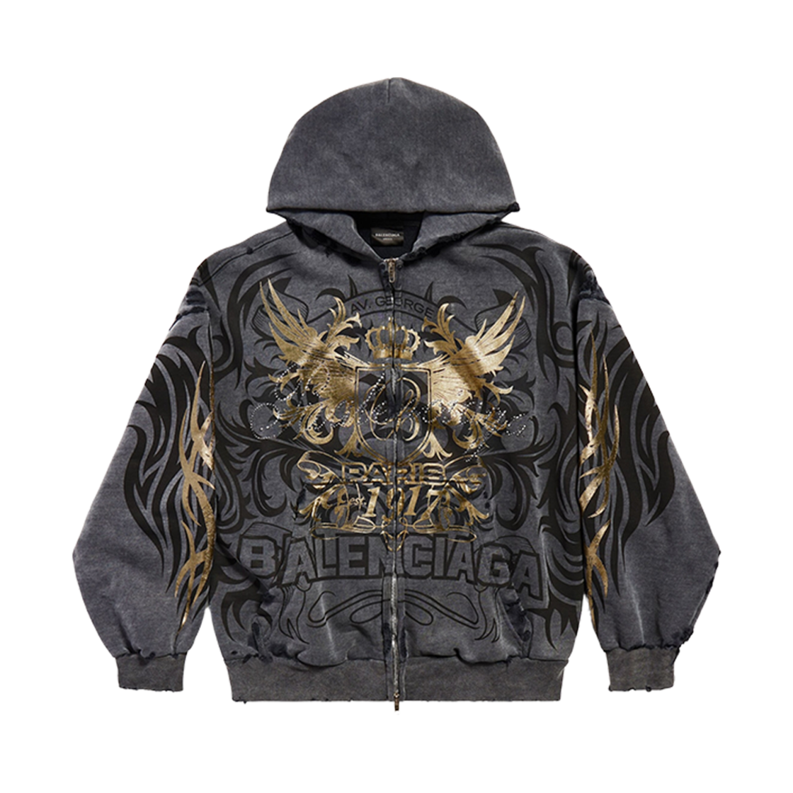 발렌시아가 태키 골드 집업 후드 레귤러 핏 블랙