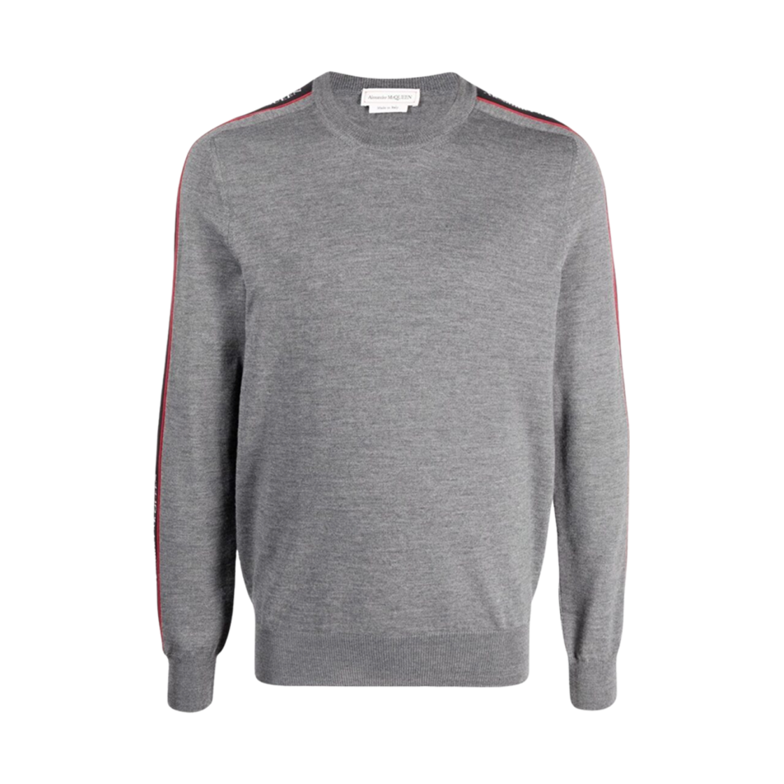 651188Q1XBQ1458 Alexander McQueen Logo Tape Crewneck Wool Sweater Grey