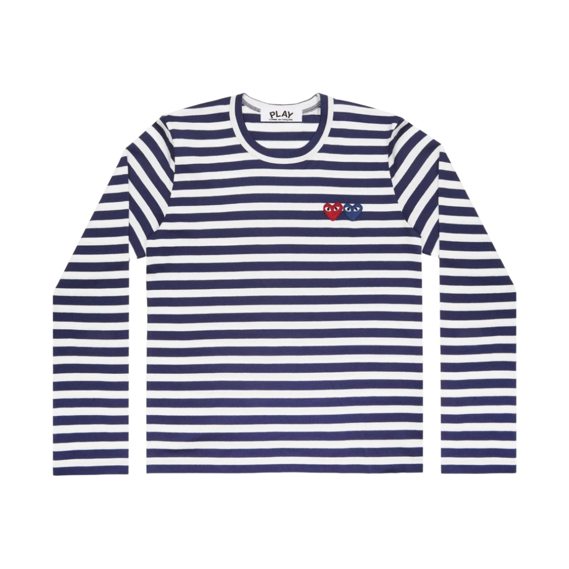 플레이 꼼데가르송 더블 하트 스트라이프 롱슬리브 티셔츠 네이비 화이트(Play Comme des Garcons Double Heart Striped LS T-Shirt Navy White)