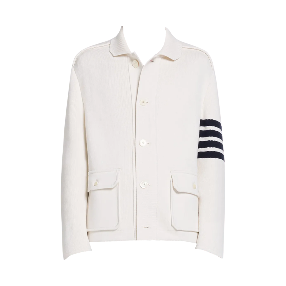 톰브라운 인터락 스티치 코튼 캐시미어 사선 폴로 칼라 자켓 화이트(Thom Browne Interlock Stitch Cotton Cashmere 4-Bar Polo Collar Jacket White)