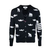 Thom Browne Merino Wool Bear and Salmon Half Drop Intarsia 4-Bar Stripe Relaxed Fit V-Neck Cardigan Navy
