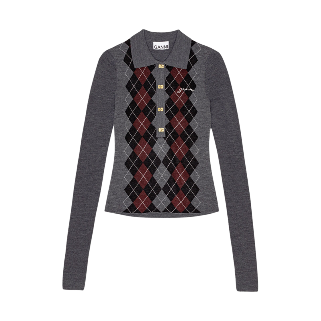 (W) 가니 니트 폴로 셔츠 프로스트 그레이((W) Ganni Knitted Polo Shirt Frost Gray) - 1
