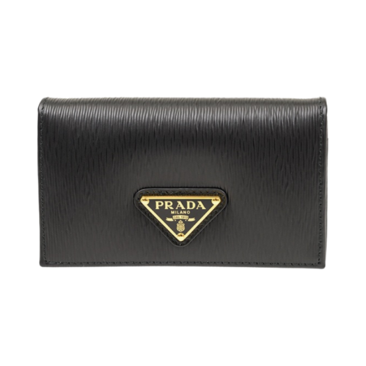 Prada Vitello Triangle Logo Flap Card Holder Black