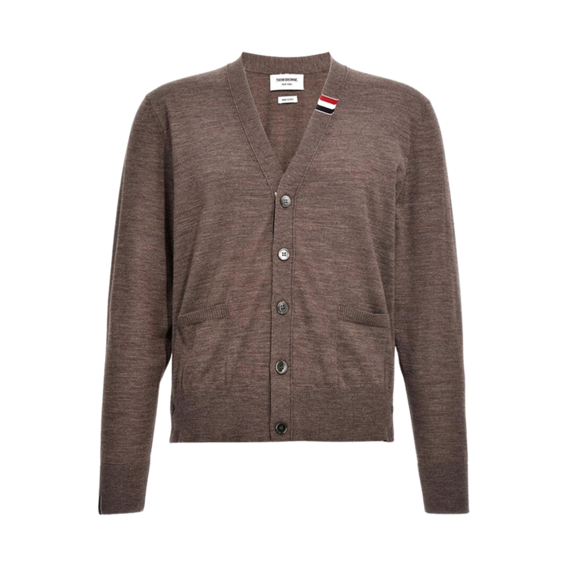 MKC489A-Y1014-211 Thom Browne Fine Merino Jersey Stripe Relaxed V-Neck Cardigan Brown